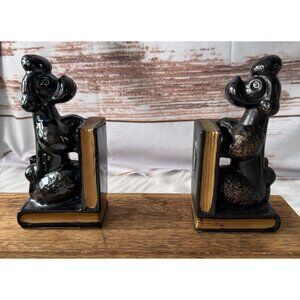 Vintage Pair of Black Ceramic Poodle Bookends With Gold Detailing MCM